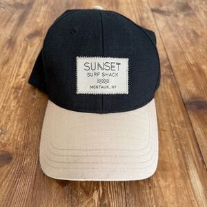 Sunset Surf Shack Montauk NY Ripstop Snapback Hat Black Tan Mens Trucker Cap New